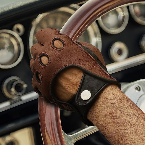 Leather Half-Finger Gloves - DEEP VOLT (Brown)