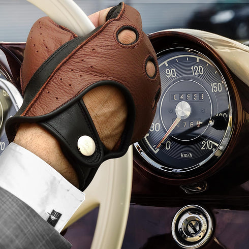 Leather Half-Finger Gloves - DEEP VOLT (Brown)