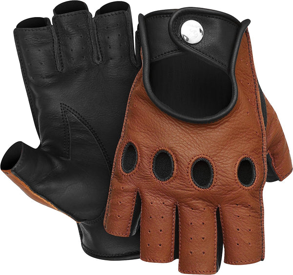 Leather Half-Finger Gloves - DEEP VOLT (Brown)