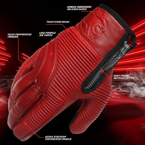 Red Minamoto Motorcycle Riding Gloves with Zip Closure