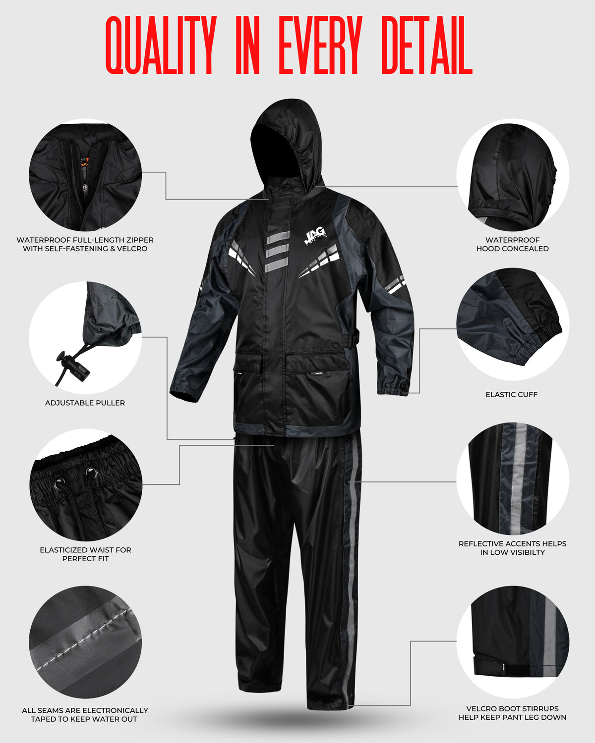 JAG Rainmaster Rain Suit for Men & Women (Black/Grey)