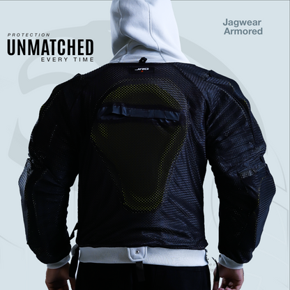 Black armored jacket with visible branding on a light gray background