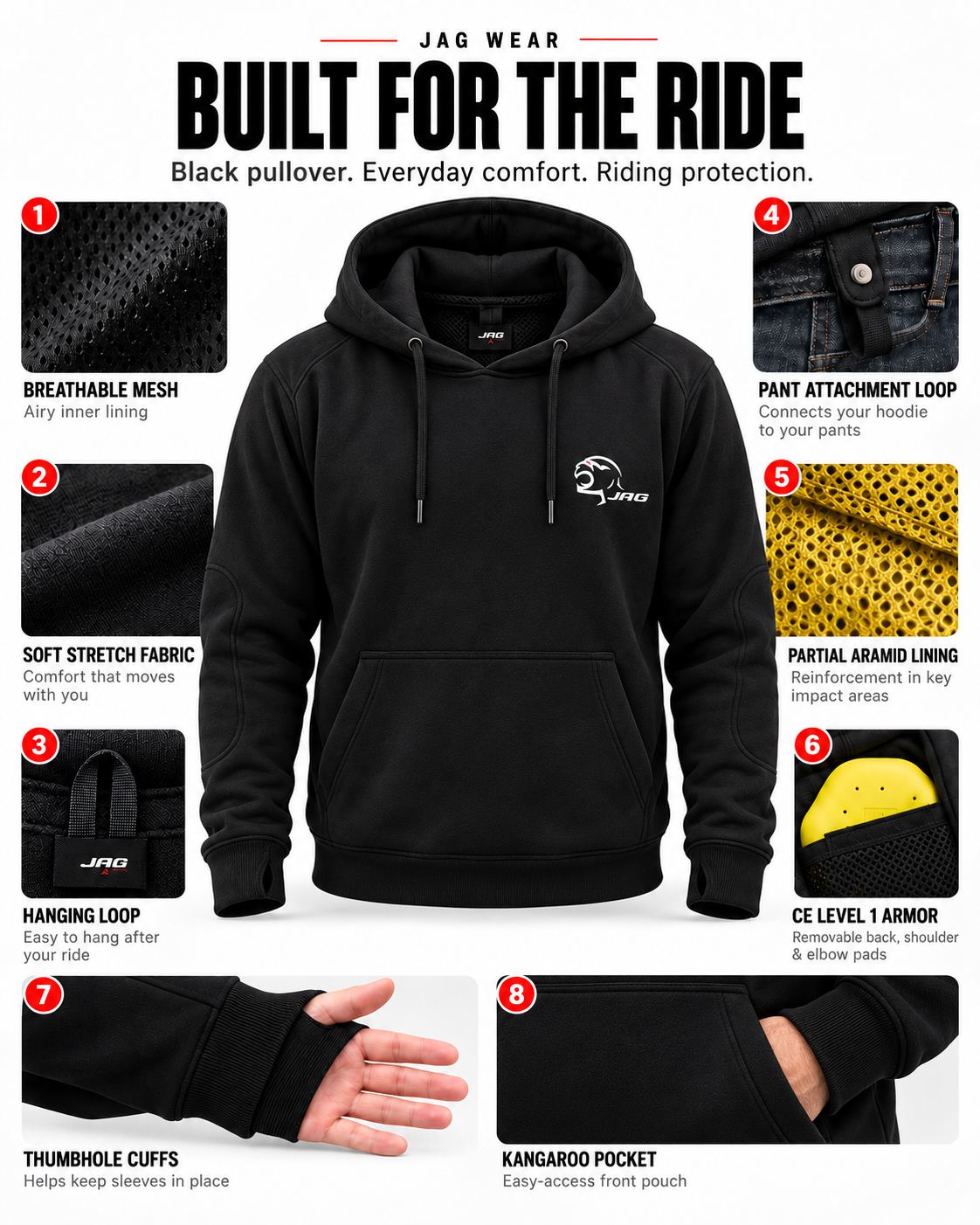 Armored Motorcycle Hoodie –  Riding Protection with Aramid Lining