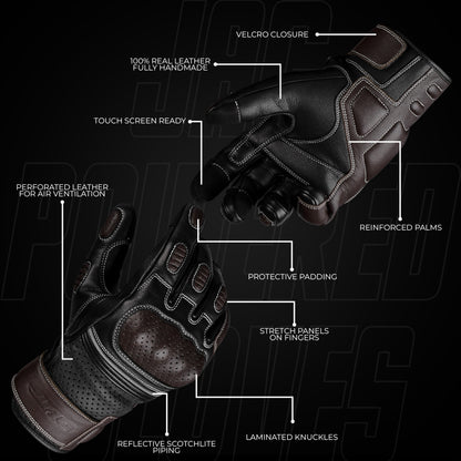 Ninja Leather Motorcycle Gloves with Black/Brown Knuckle Protection