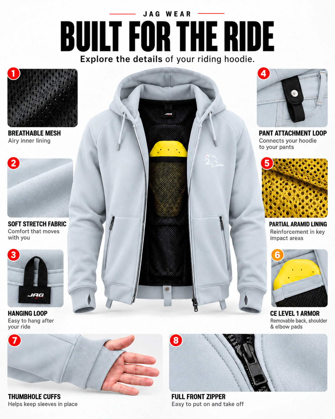 Armored Motorcycle Hoodie –  Riding Protection with Aramid Lining