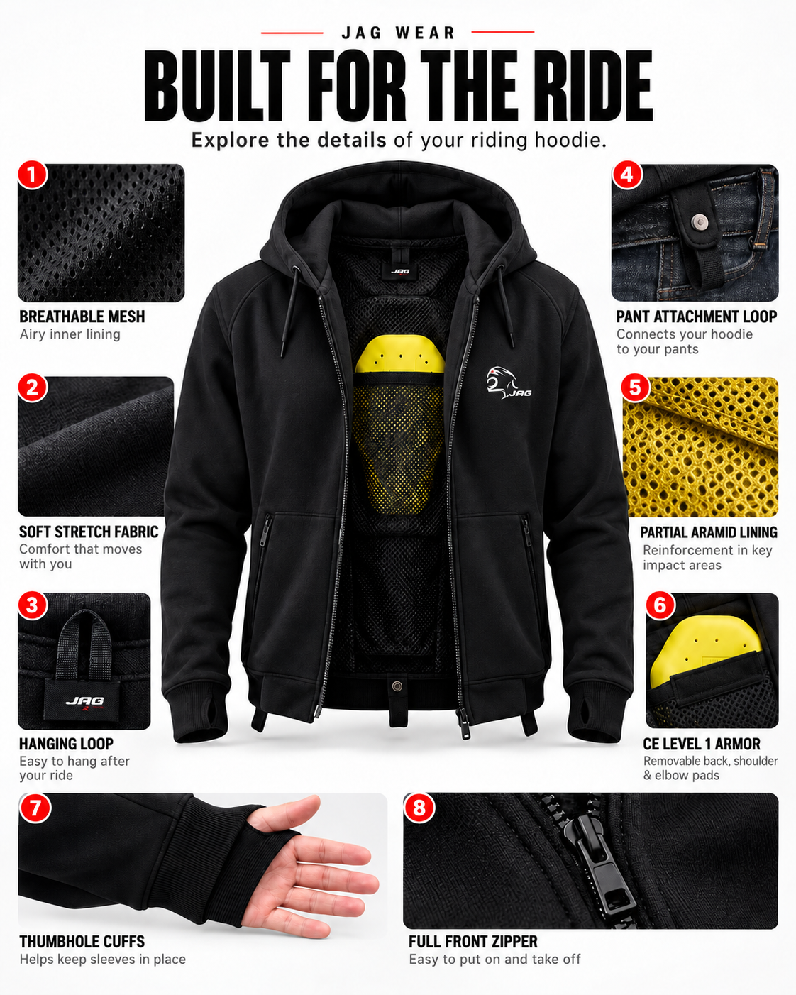 Armored Motorcycle Hoodie –  Riding Protection with Aramid Lining